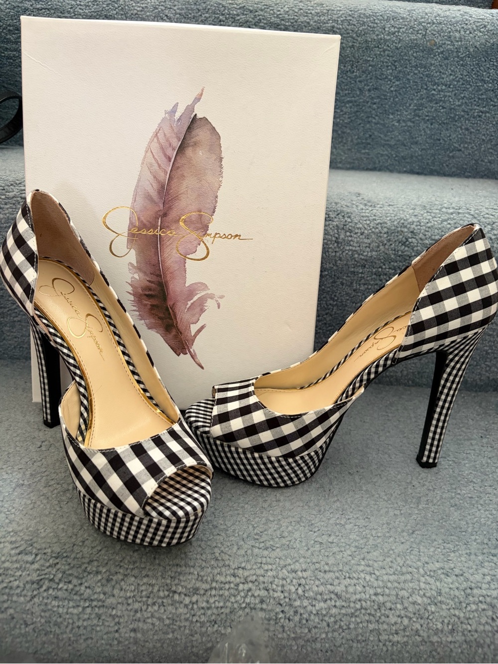 Jessica Simpson Black and White Gingham Peep-Toe Platform Heels